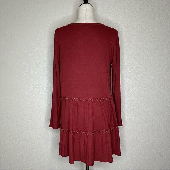 Pink Lily Burgundy Waffle Knit Tiered Ruffle Skirt Long Sleeves Dress - Picture 6 of 11